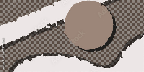 Torn paper elements with rough, textured edges layered over a transparent checkerboard background, vector illustration