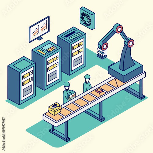 Automated manufacturing process with robotic arm and computer monitoring assembly line conveyor belt manufacturing automation technology industry computer production isometric illustration