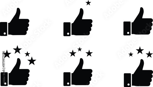 Thumbs up icon set with stars for customer review rating feedback satisfaction symbol vector silhouette collection for business quality success social media recommendation marketing.