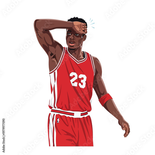 Tired Basketball Player Wiping Sweat Off Forehead, Number 23 Jersey, White Background