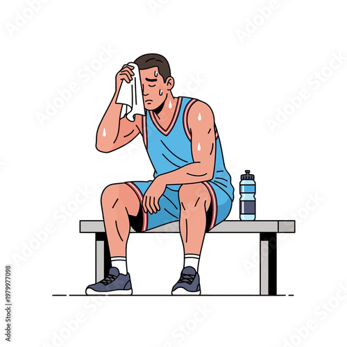 Tired Basketball Player Wiping Sweat on Bench with Water Bottle
