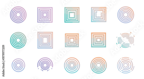Collection of colorful geometric shapes with concentric circles and squares in pastel hues for design elements