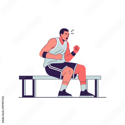 Athletic man boxing workout on bench, intense training, sweat drops, fitness motivation