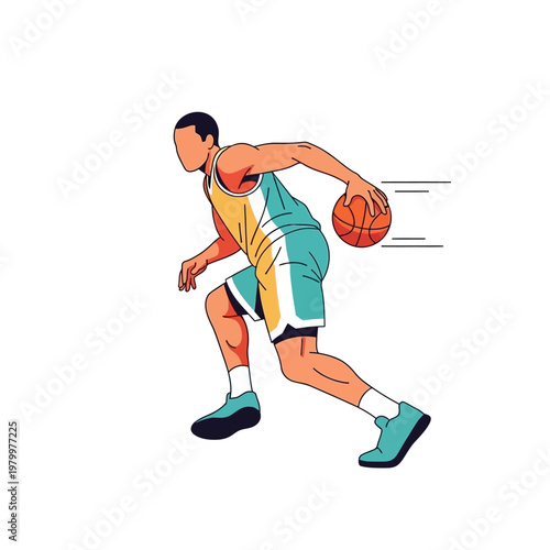 Athletic man dribbling basketball, dynamic movement, sport illustration, isolated on white background