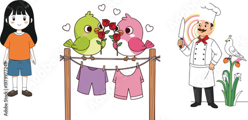 Girl character love birds on clothesline with roses and chef cooking cartoon vector illustration collection for lifestyle and romance concept