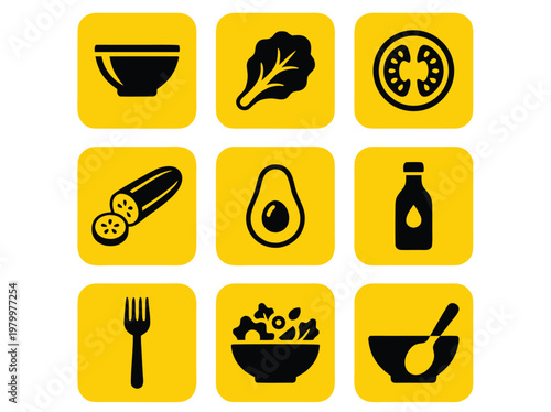 Set of Healthy Food and Salad Ingredients Vector Icons.