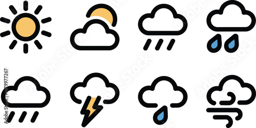 A collection of weather icons featuring sun clouds rain lightning and wind for meteorological forecasting applications
