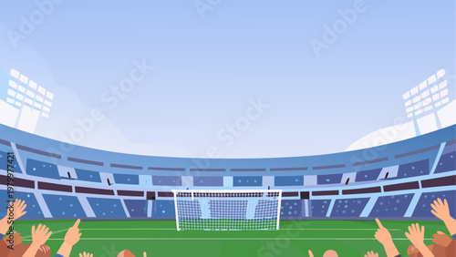 A vibrant stadium filled with empty blue seats under a clear sky for a soccer match