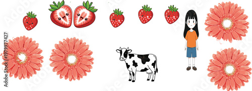 Strawberries gerbera flowers cow farm animal and girl character cartoon vector illustration collection for nature and agriculture design