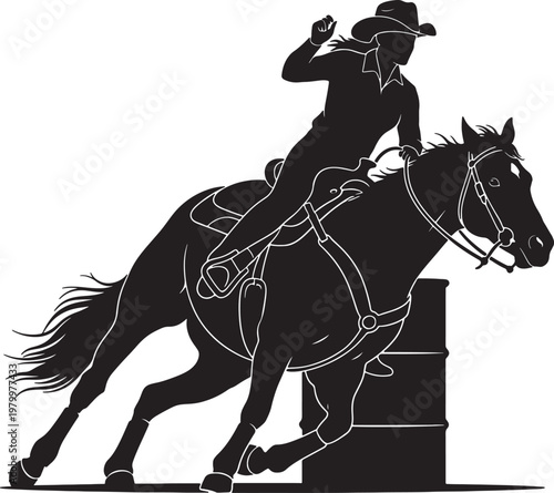 Cowboy Riding Horse around Barrel Silhouette