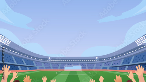 Empty stadium with vibrant blue seats under clear sky during daytime