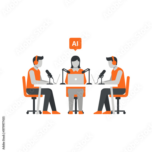 Three professionals participating in a virtual podcast or discussion session with ai assistance