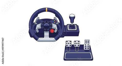 A racing steering wheel and gearshift with pedals for a realistic driving experience