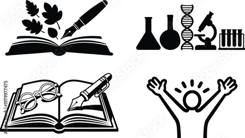 Black and white of education and science symbols book leaves