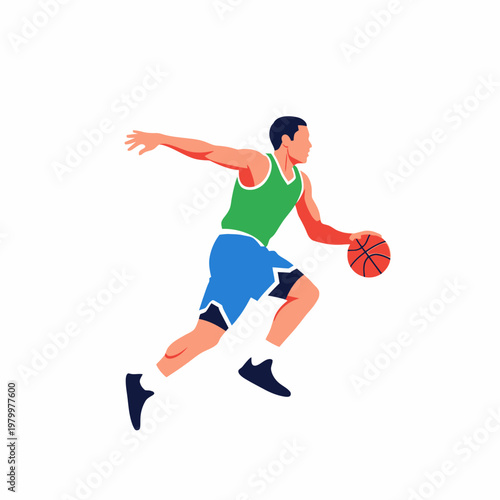 Basketball Player Dribbling Ball, Dynamic Action Shot, Sport Illustration, White Background