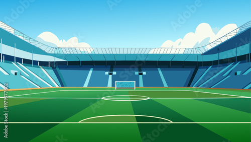 A vast stadium with empty green field under a clear blue sky