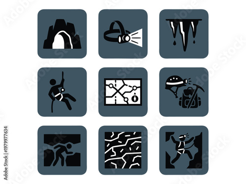 Set of icons representing caving and speleology adventure sports.