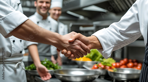 3d A group of people in chef attire and aprons are shaking hands over a large metal serving tray filled with colorful vegetables, in a bright kitchen