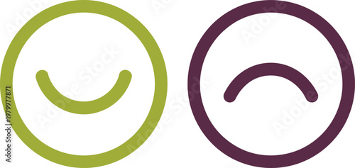 Lime green happy face and dark purple sad face icons representing human emotions and feedback systems
