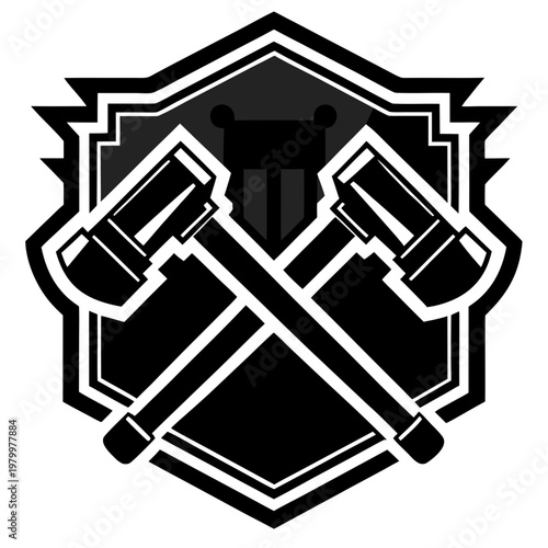 Black hammers crossed on shield emblem black and white symbol
