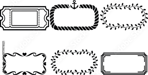 Black and white of six blank ornate frames borders