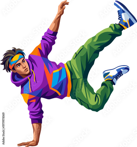Athletic breakdancer performing a dynamic handstand freeze in vibrant streetwear