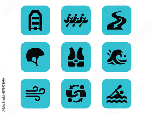 Set of icons representing rafting and water sports activities.