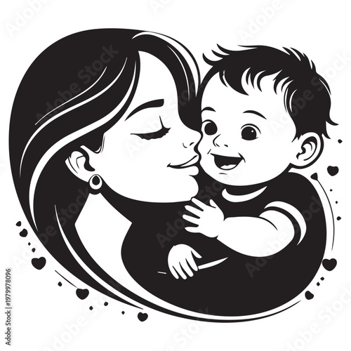 Mother kissing smiling baby close-up, joyful motherhood and happy family moment, black and white vector illustration.