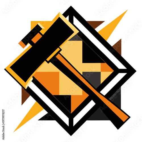 Orange, black and white geometric hammer on white background