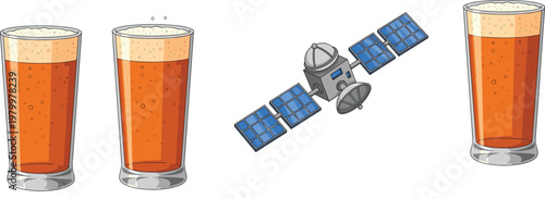 Glass of soda drink set with satellite space technology cartoon vector illustration collection for beverage and science concept