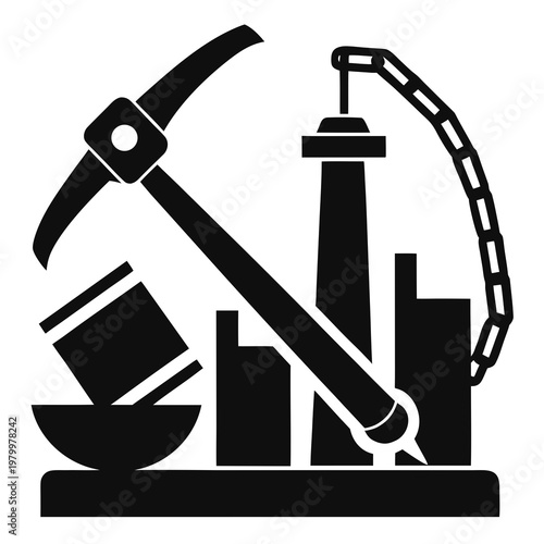 Black silhouette of pickaxe hammer and industrial buildings factory mining
