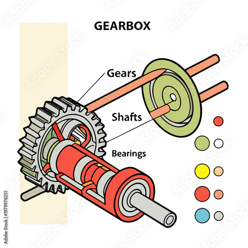 Diagram of a gearbox with labeled components gear train bearings mechanism transmission mechanical engineering illustration technical industry component assembly machinery technology