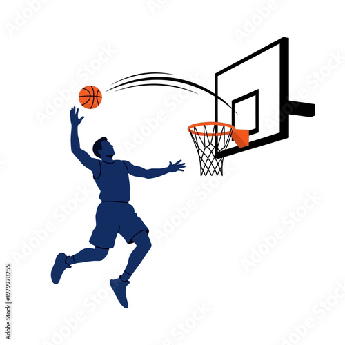 Basketball player jumping to dunk ball into hoop, dynamic sports illustration