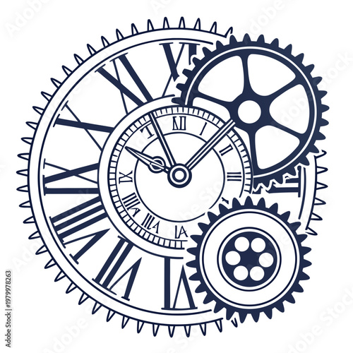 Steampunk clock face with interlocking gears roman numerals gear wheel steampunk mechanical illustration industry technology clockwork craftsmanship engineering industrial machinery