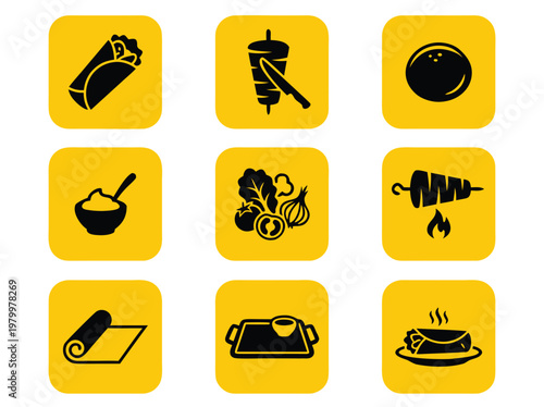 Set of Nine Kebab and Shawarma Food Icons on Yellow Squares.
