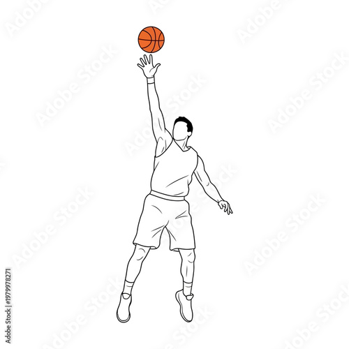 Basketball Player Jumping to Shoot Ball, Line Art Illustration