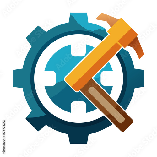 Orange hammer on blue gear on white background gear blue gear tools transparent background