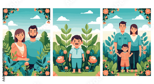 Flat vector family portraits set, happy parents and child in garden landscape, 3 vertical illustrations of people with flowers and green leaves