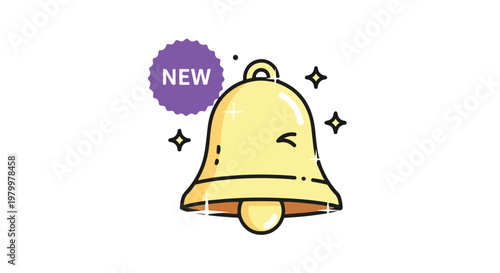 Cartoon yellow bell icon with smiling face and sparkles announcing something new