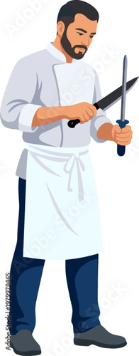 Bearded chef sharpening a steel knife with a honing rod