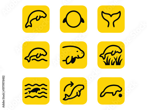 Set of Nine Manatee Sea Cow Icons in Yellow Square Frames.
