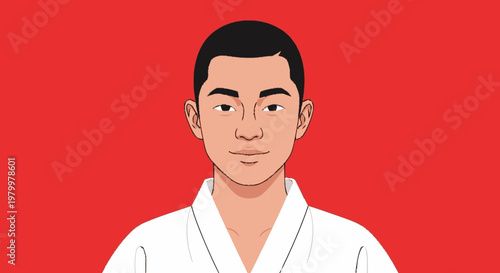 Young man in martial arts uniform against a vibrant red background