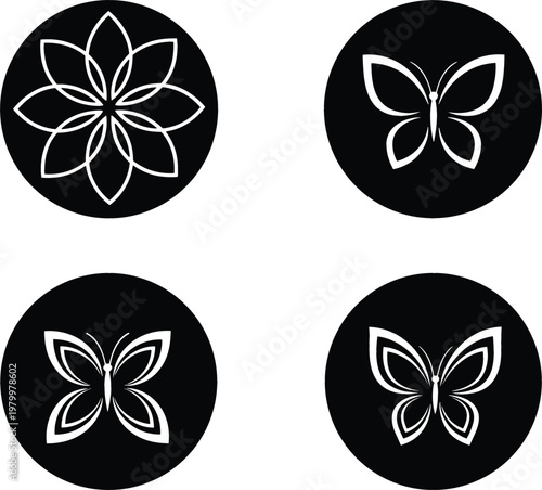 Butterfly and floral abstract icons in black circle minimal line art vector illustration set for logo and decorative design