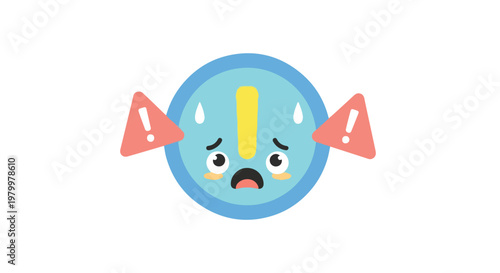 Angry blue emoticon face with exclamation marks expressing frustration and warning on white background