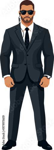 Bearded bodyguard in a charcoal suit wearing dark sunglasses and earpiece