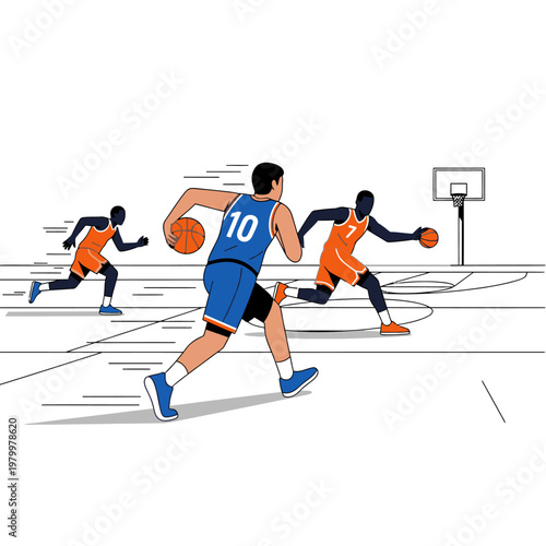 Basketball players in action on court, dynamic movement, illustration