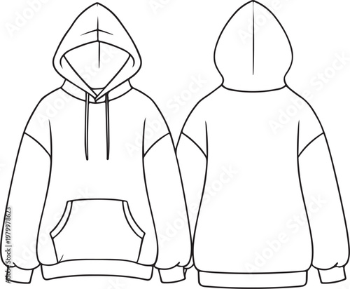Front and back view of a hooded sweatshirt with large pockets Vector