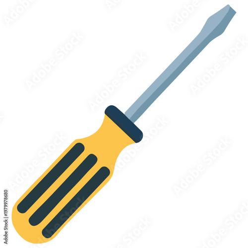 A flathead screwdriver with a yellow handle and black grips lies on a surface.