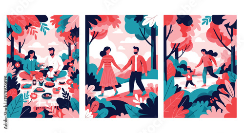 Flat vector illustration set of family outdoor activities, people enjoying picnic and walking in park, colorful nature landscape with 3 scenes