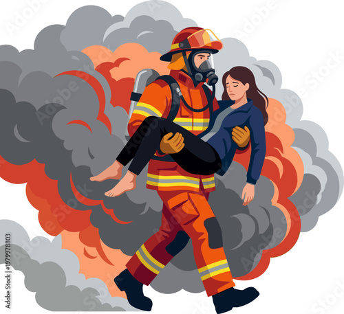 Brave firefighter carrying unconscious woman through thick smoke and flames